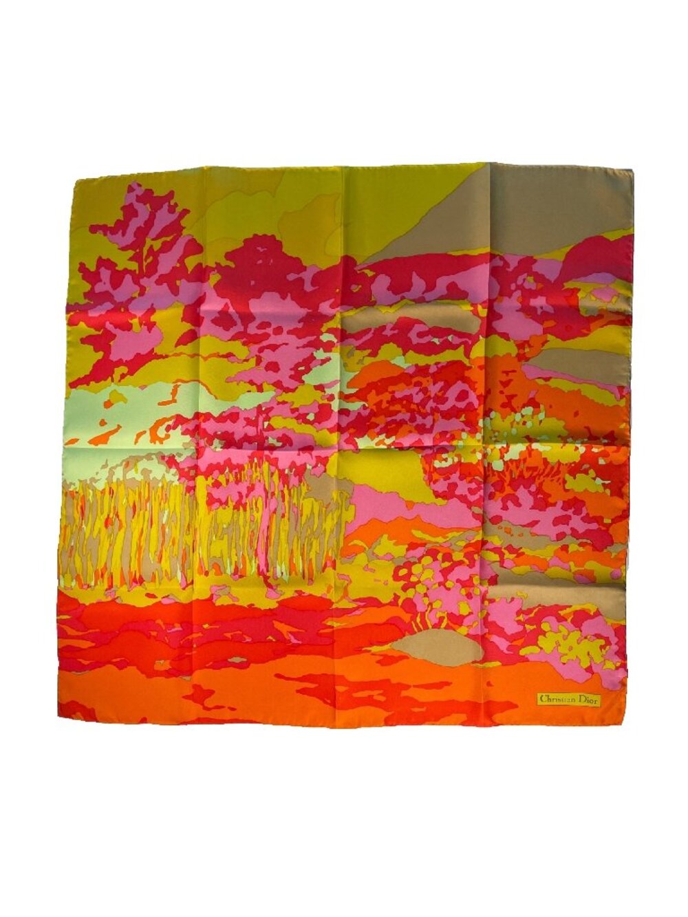 Christian Dior Vintage Silk Scarf Abstract Landscape Rolled Hem W/Box